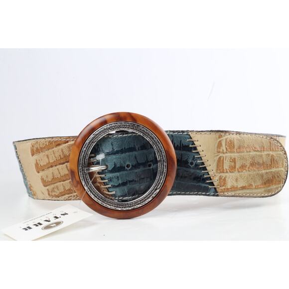Green Baige Patchwork Leather Round Buckle Wide Adjustable Waist Belt Size 90 main image 8